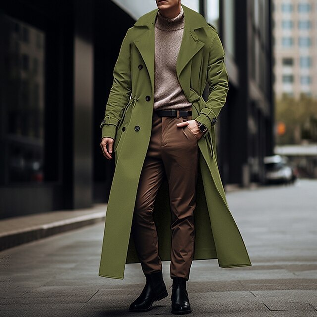 Lång Trench Coat med Dubbelknäppning och Bälte