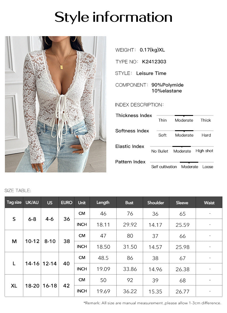 Kvinnors Y2K spets med urholkad V-ringning, snörning långärmad cardigan-top