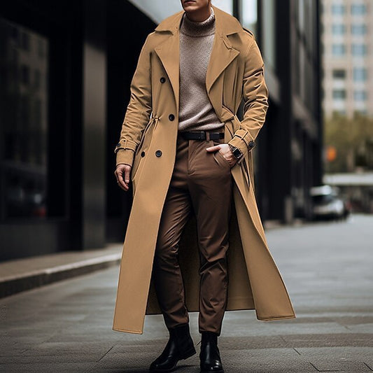 Lång Trench Coat med Dubbelknäppning och Bälte